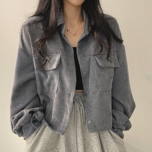 韩国chic春季法式复古百搭单排扣翻领，短款灯芯绒衬衫长袖外套女潮