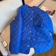 蓝色棉服女中长款加厚韩版宽松菱格形高级感气质棉袄棉衣冬季外套