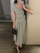 夏装搭配一整套韩系2024灰色半身裙连衣裙子女长裙，两件套装裙