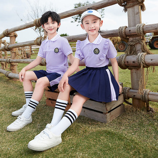 小学生学院风紫色校服套装夏款男童女童毕业照班服儿童幼儿园园