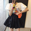 韩国chic夏季俏皮减龄圆领，卡通字母灯笼袖t恤+高腰抽绳蓬蓬半身裙