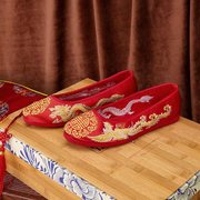 红色秀禾鞋新娘婚鞋中式复古平底千层龙凤女(龙，凤女)汉服圆头布鞋软底