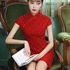 夏季红色蕾丝短款旗袍复古气质中国风，新娘红妆敬酒服小个子连衣裙