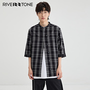 Riverstone流石男装立领中袖衬衫夏季舒适透气格子衬衫简约潮