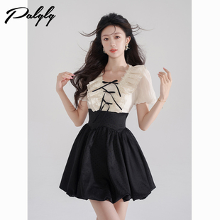 新中式黑色花苞裙夏荷叶，边v领短袖杏色，连衣裙高腰甜美短裙女