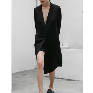 春秋女士黑色简约原创设计中长款西装薄女休闲外套显瘦宽松风衣