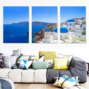 客厅装饰画沙发背景墙，壁画地中海风格现代简约组合三联无框画挂画