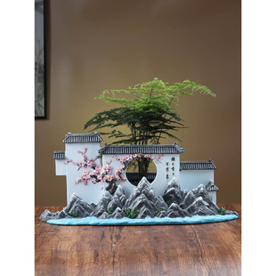 复古微景观新中式建筑江园林树脂盆景花盆摆件办公桌装饰品绿植
