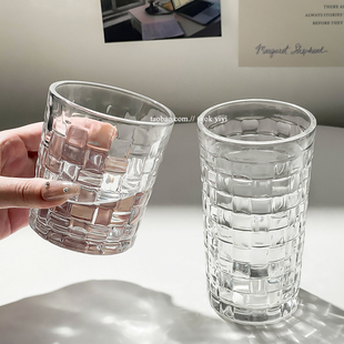 ins风藤编玻璃杯高级感浮雕咖啡杯水杯，家用早餐牛奶杯果汁饮料杯