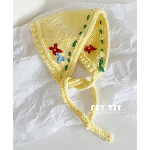 复古手工毛线针织小花，可爱三角巾头巾少女，系带耳罩秋冬儿童头巾帽