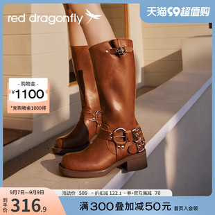 红蜻蜓骑士靴女靴2023靴，子女长筒靴复古西部靴厚底棕色高筒靴