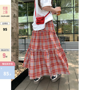 CCKOK 复古风红色格纹半身长裙2024夏季韩版高腰中长款裙女