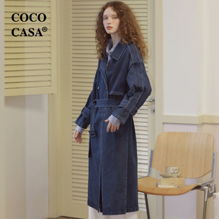 cococasa原创设计2024春秋，蓝色牛仔风衣女中长款系带欧货大牌外套