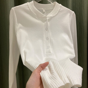 气质甜美螺纹针织衫女白色长袖T恤日系柔软百搭修身弹力打底上衣