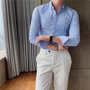 春季韩版修身男士细格子，长袖衬衫英伦型男打底衫商务时尚休闲衬衣