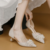 法式高跟鞋女小众设计5公分小跟伴娘婚鞋水钻，蝴蝶结中空细跟单鞋