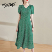 水墨青华绿色短袖，连衣裙夏季收腰显瘦中长款印花裙子