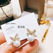 韩国进口东大门小香复古法式蝴蝶结珍珠满钻925银针耳钉耳环