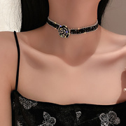玫瑰颈带项链时尚水晶网红黑色，花朵短款设计气质颈链锁骨链女装饰