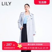 商场同款LILY春女装舒适天丝气质纯色双排扣风衣外套