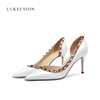 LUKECSION铆钉华伦单鞋女2024年真皮白色尖头性感侧空高跟鞋