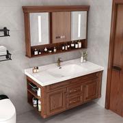 新中式浴室柜组合吊柜红橡实木化妆室洗漱台盆柜智能镜岩板浴柜