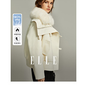 ELLE白色高级感短款毛领羽绒服女2023冬简约时尚气质保暖外套