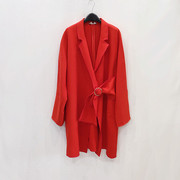 法式长袖西装领气质小个子，显瘦风衣女红色时尚，中长款休闲外套春秋