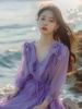 法式荷叶边紫色雪纺连衣裙2024年沙滩裙女海边度假超仙长裙子