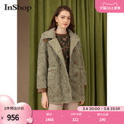 商场同款INSHOP2022冬女装灰绿色高领羊羔毛外套女短款