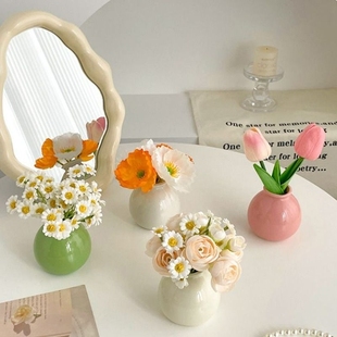 ins风奶油陶瓷小花瓶摆件插花郁金香仿真花套装玄关客厅房间装饰