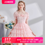 艾丽丝2024夏季甜美公主风蛋糕裙粉色印花短袖方领连衣裙短裙
