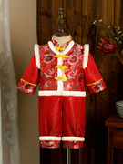 儿童唐装男宝宝周岁，中式礼服男童拜年服一岁抓周衣服百天套装红色