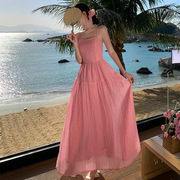 粉色露背吊带连衣裙女夏海边拍照瘦沙滩裙高腰长裙轻礼服平时可穿
