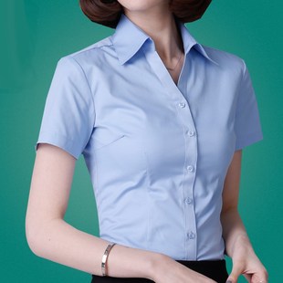 蓝色衬衫女短袖职业装夏季v领大码气质工装女士，纯棉工作服蓝衬衣