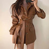 韩国chic秋冬复古帅气深棕色，pu皮夹克系带，中长款机车皮衣外套女