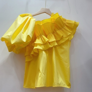 法式时尚不规则荷叶边V领衬衫女短袖夏季设计感小众黄色短款上衣