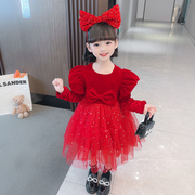 女童加绒加厚连衣裙2023童装洋气，时髦冬装儿童红色喜庆公主裙
