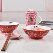 日式中国风牡丹国宝熊猫米饭碗喜庆大红色餐具宽口可爱5.5寸面碗
