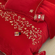大红色刺绣加绒加厚床单四件套冬季牛奶绒结婚保暖喜被套婚房布置
