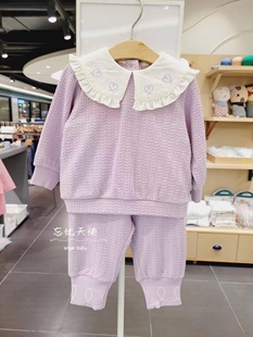 韩国童装 秋女童宝宝纯棉娃娃刺绣翻领香芋紫卫衣运动套装
