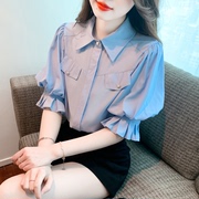 已出货2024夏季韩版衬衫领公主袖雪纺衫衬衫甜美洋气短袖上衣