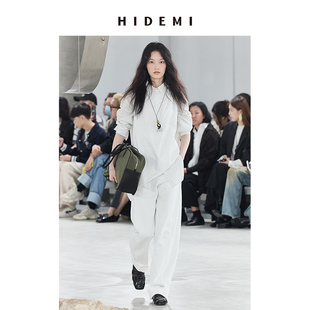hidemi极简设计感纽扣，条纹口袋廓形衬衫，女上衣白色牛油果绿