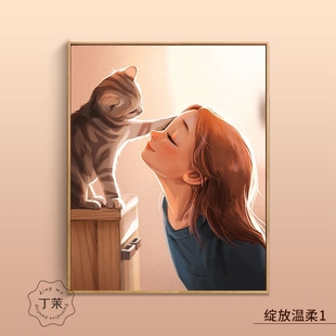 现代简约治愈女孩猫咪可爱人物，卧室挂画儿童，房装饰画北欧客厅壁画