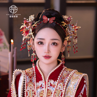 中式新娘水晶复古红色造液花发钗汉服头饰传统古装秀禾手工发饰品