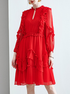 品牌大红色真丝桑蚕丝连衣裙夏季设计感别致大码女装订婚裙女