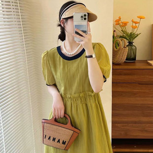 韩国chic夏季法式复古圆领，镶边撞色褶皱，肌理感泡泡袖连衣裙长裙女