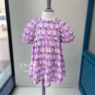 美绝了韩国童装 夏女童宝复古田园风紫色花卉连衣裙 公主裙