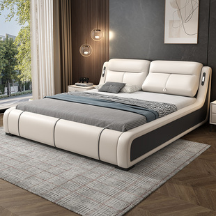 多功能真皮床现代简约轻奢主卧室双人床2米x2米，2大床智能软包婚床