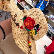定制款经典花朵儿童可调节折叠海边度假编织草帽大檐遮阳渔夫帽子